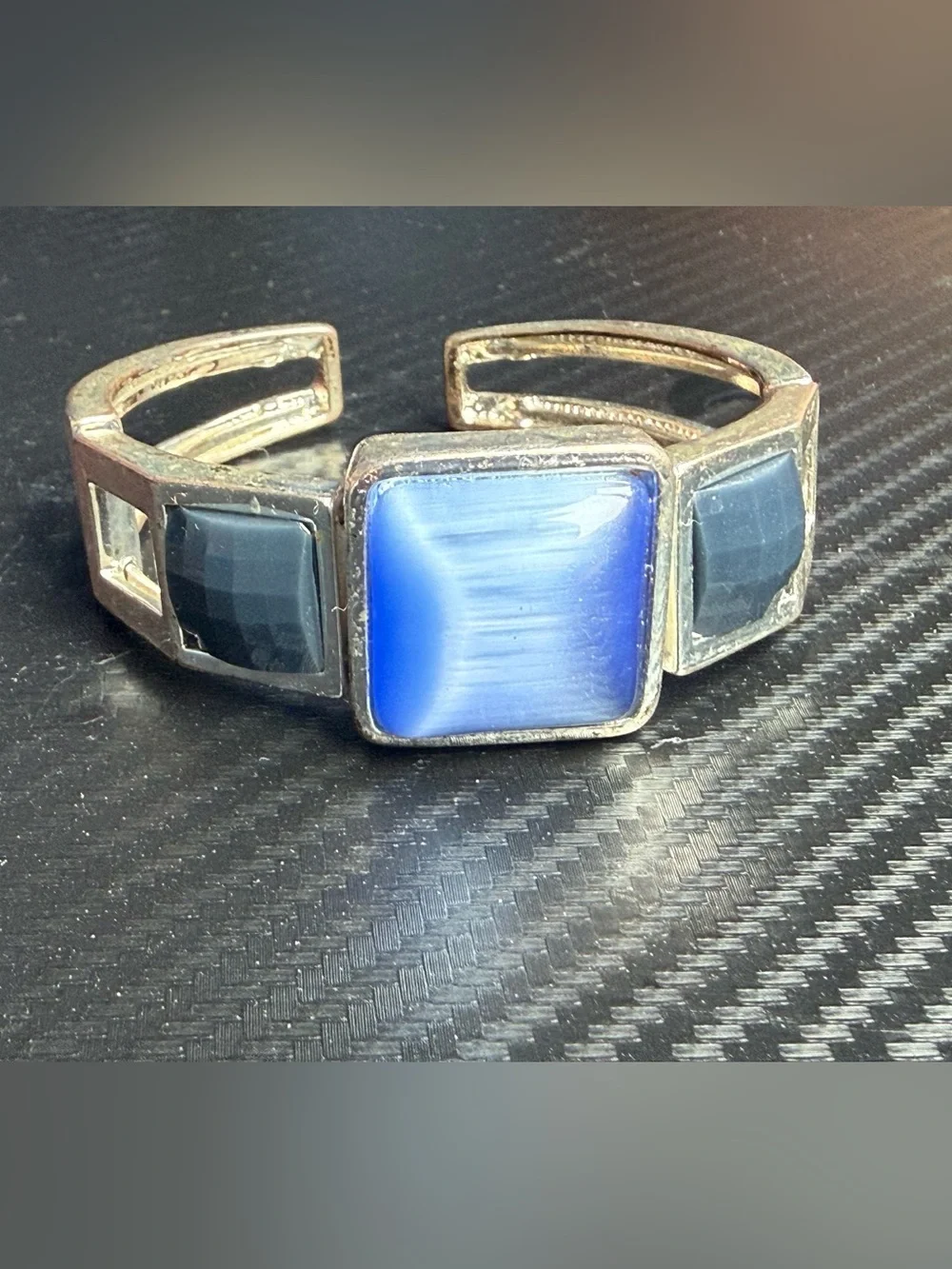 Vintage Silver Tone Blue Cat's Eye Chunky Cuff Statement Bracelet Retro